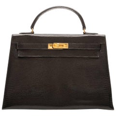 Hermes Vintage 32cm Black Lizard Kelly Bag