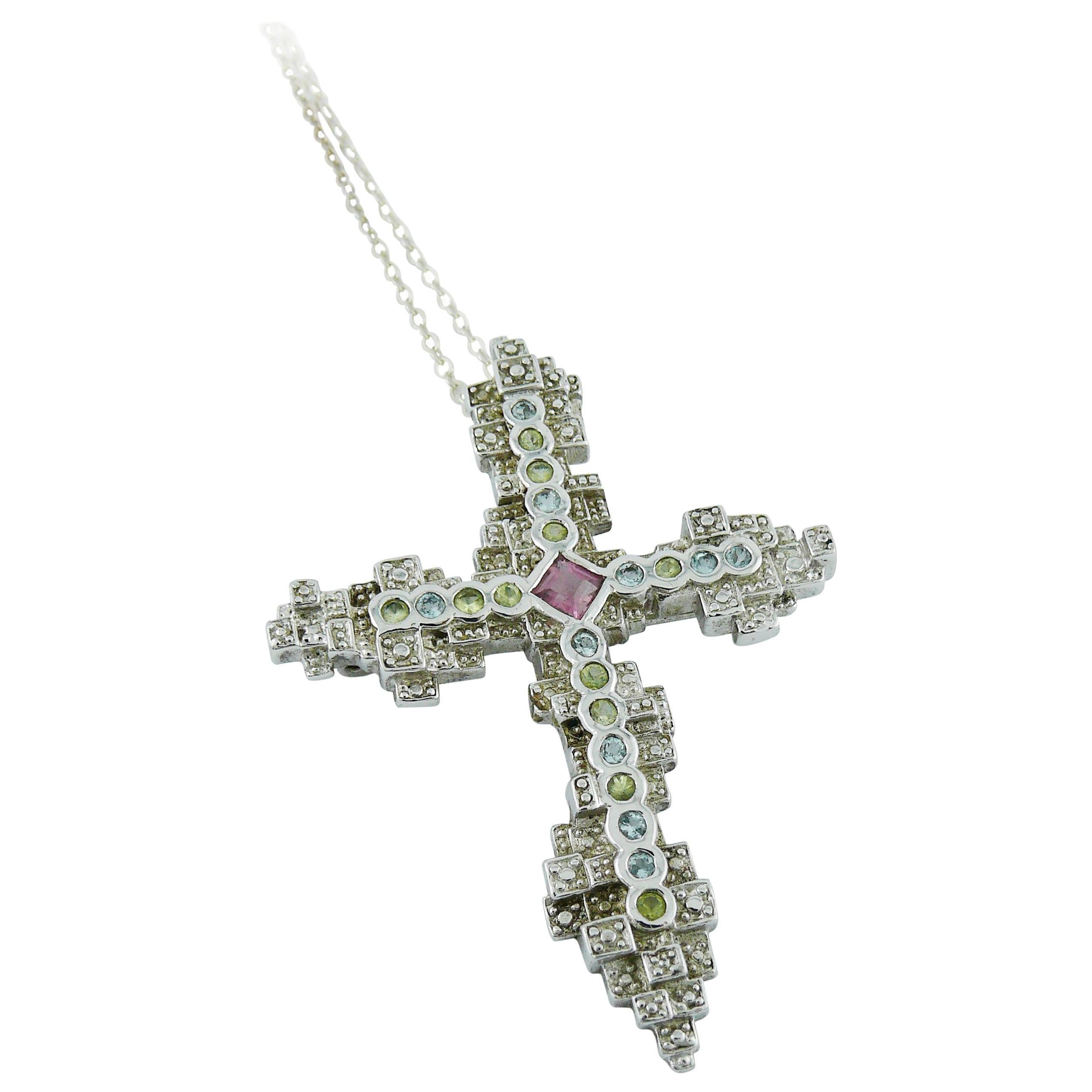 Christian Lacroix Jewelled Sterling Silver Cross Pendant Brooch