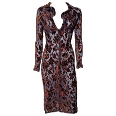 Lolita Lempicka F/W 1997 Slate Blue Floral Velvet Devoré Buttoned Midi Dress