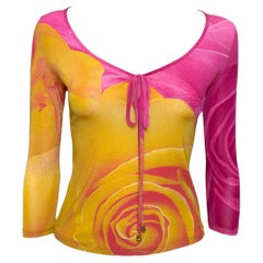 Haut à manches longues Roberto Cavalli, collection automne-hiver 1999, imprimé roses roses et jaunes