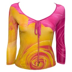 Roberto Cavalli F/W 1999 Pink & Yellow Rose-Print Long-Sleeve Top