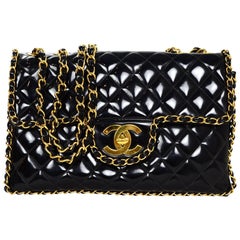 Chanel RARE Vintage Black Patent Leather Chain Around Maxi Flap Bag 