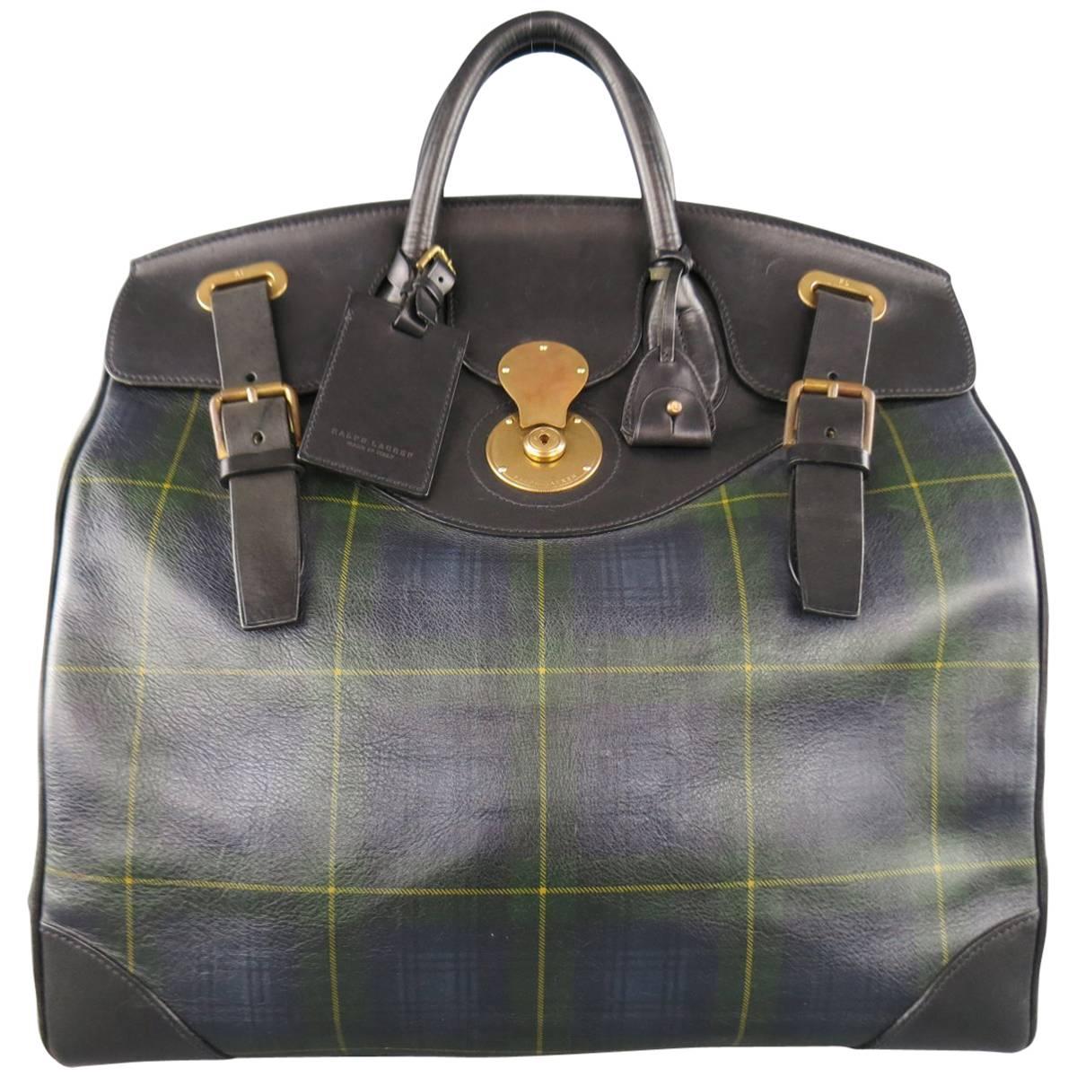 RALPH LAUREN Black Navy & Green Tartan Plaid Leather Cooper Bag