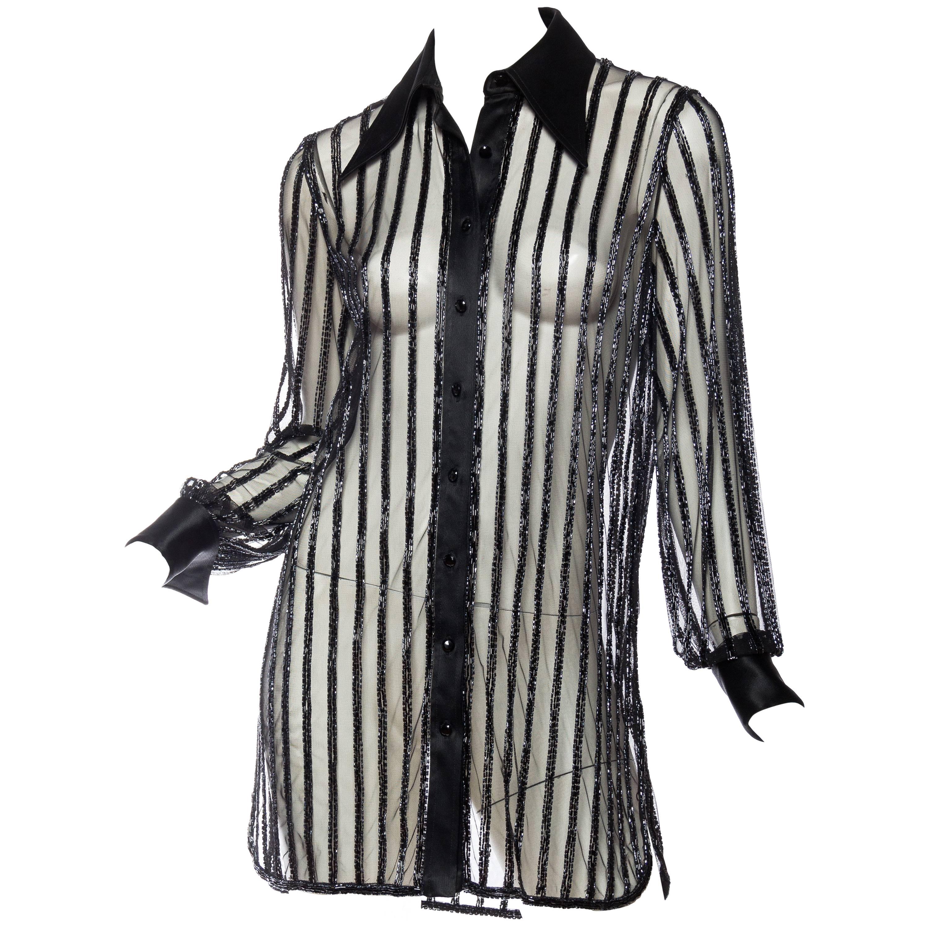 Bob Mackie Sheer Beaded "Boyfriend" Shirt Dress