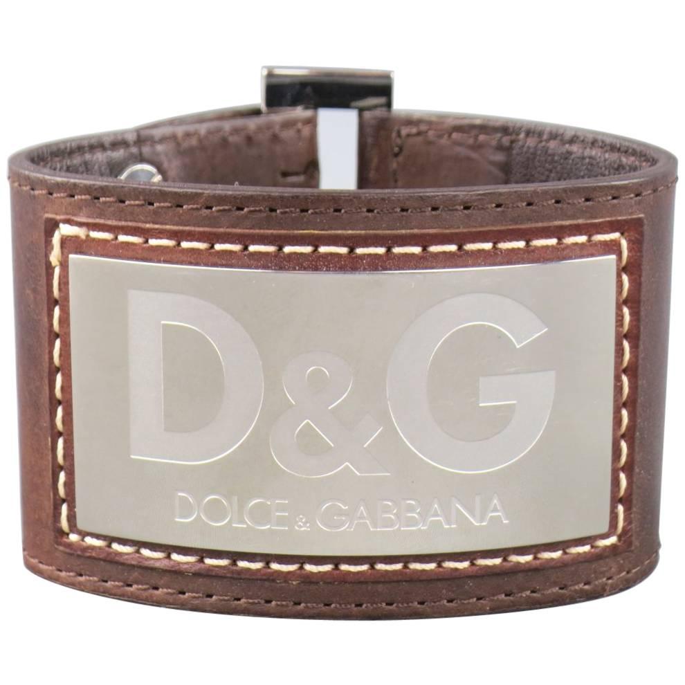 Dolce & Gabbana D&G Brown Leather Silver Logo Cuff Bracelet 