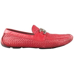 SALVATORE FERRAGAMO Size 9.5 Red Woven Leather Horsebit Driver Loafers