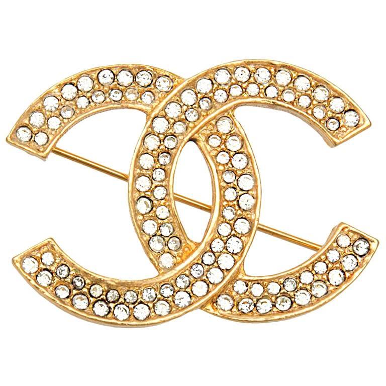 Chanel Gold Rhinestone CC Charm Evening Pin Brooch at 1stDibs