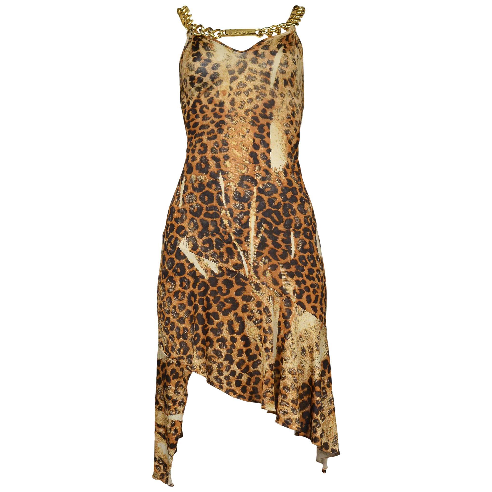 Iconic Dior By Galliano Gold Chain and ID Logo Necklace Leopard Dress  Runway 2000 at 1stDibs