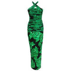 1979 Valentino Green Roses Floral Draped Silk Criss-Cross Halter Fishtail Gown 12