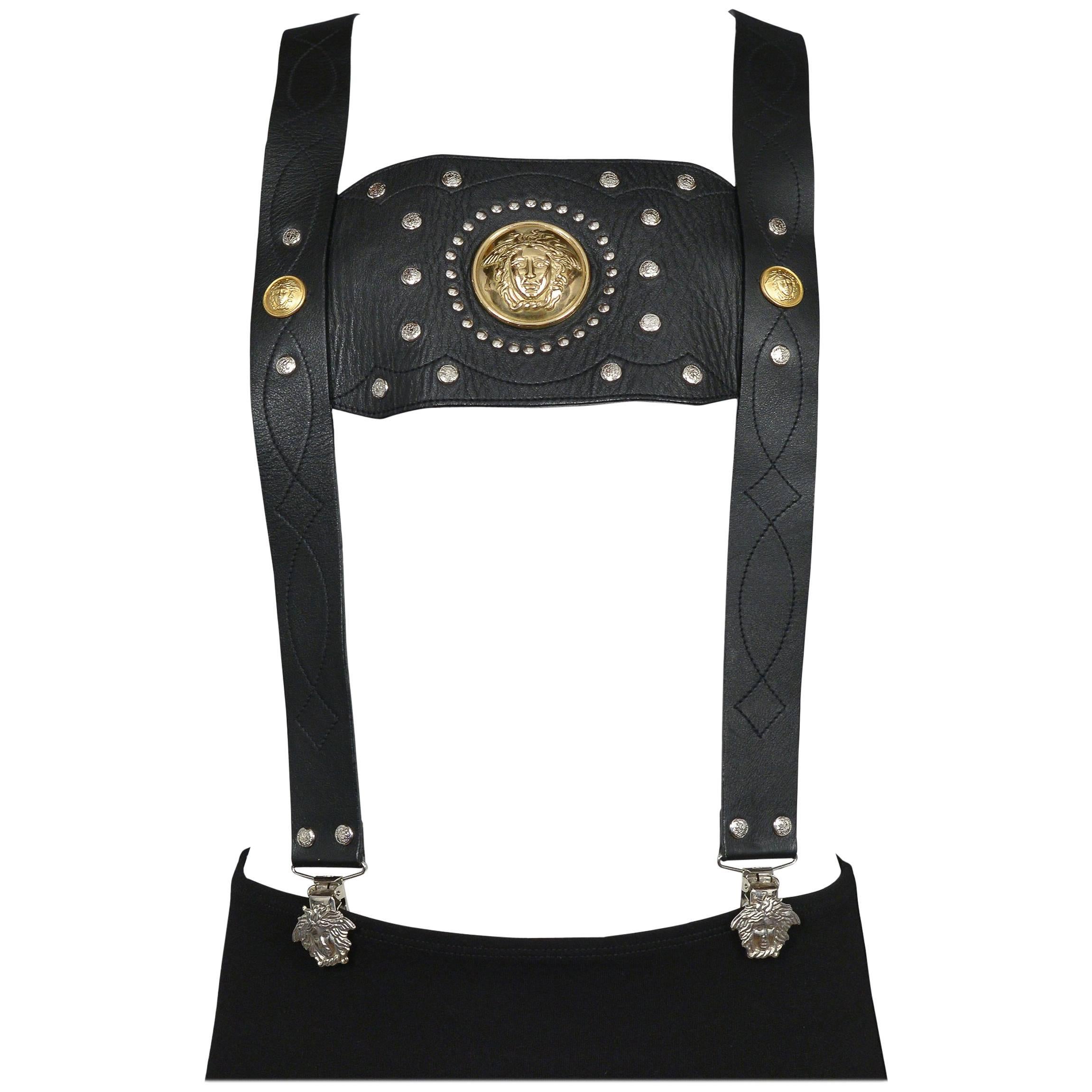 Rare Versace Leather Studded Suspender w Medusa Hardware & Elastic 1990s