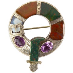 Victorian Silver Scottish Agate Amethyst Garter Brooch Pin c1890