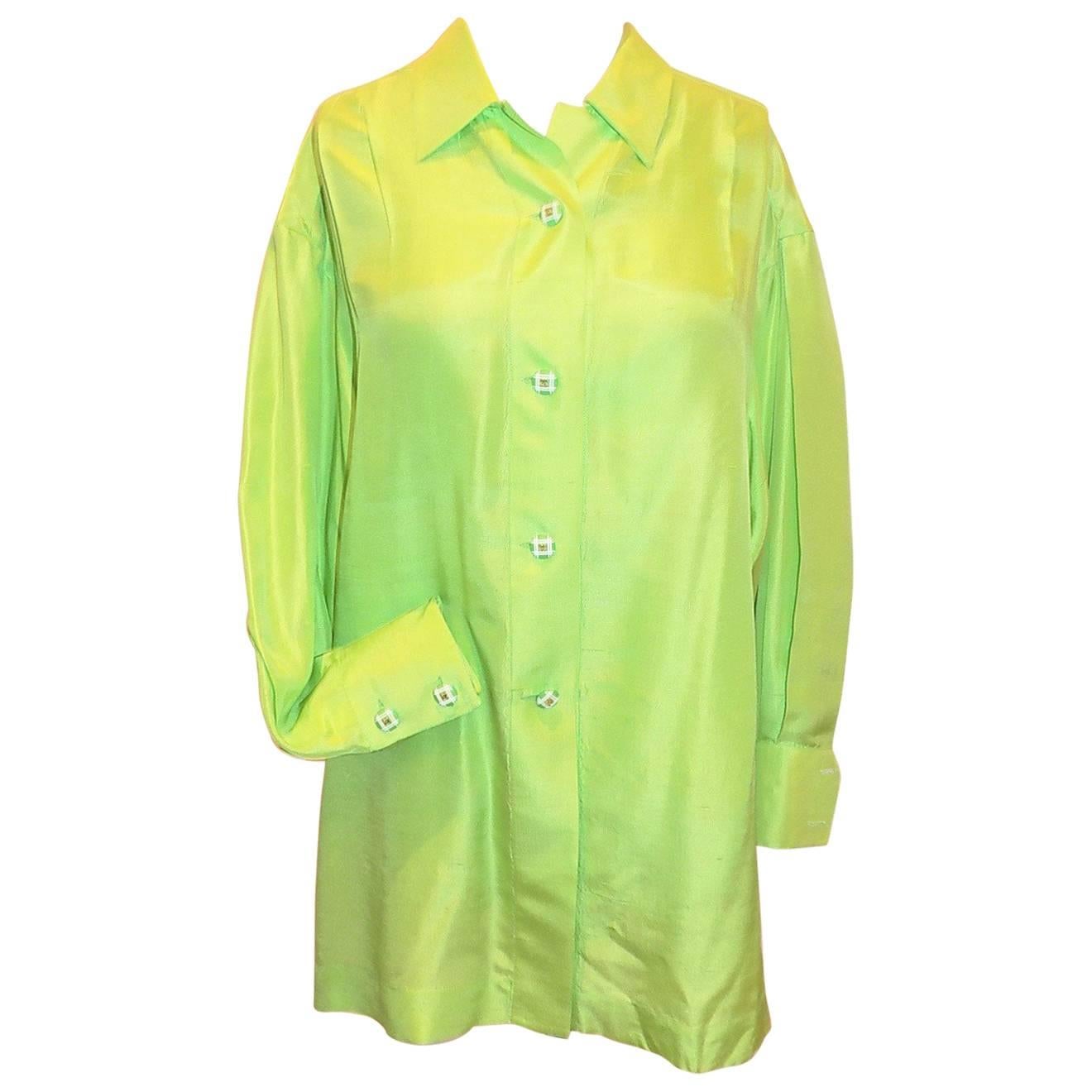 Chanel vintage lime green silk blouse top tunic For Sale