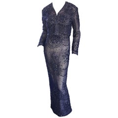 Splendido abito vintage in chiffon di seta blu navy + nudo di Judith Ann con perline e giacca