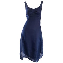 1990s Celine Navy Blue Silk Chiffon Sleeveless Overlay Sweetheart Vintage Dress