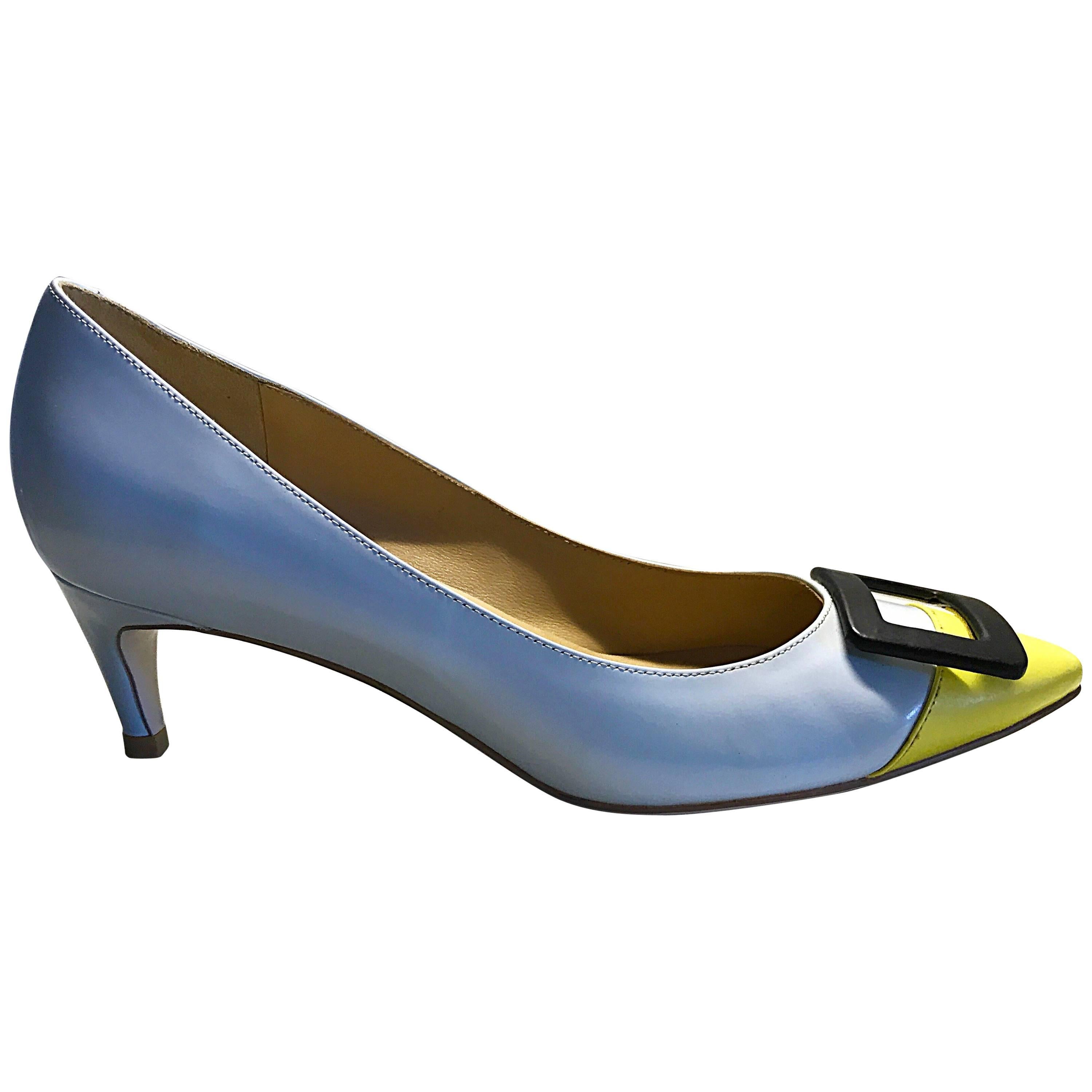 Roger Vivier Size 37 / 7 Pale Blue and Yellow Low Heel Buckle Shoes / Pumps