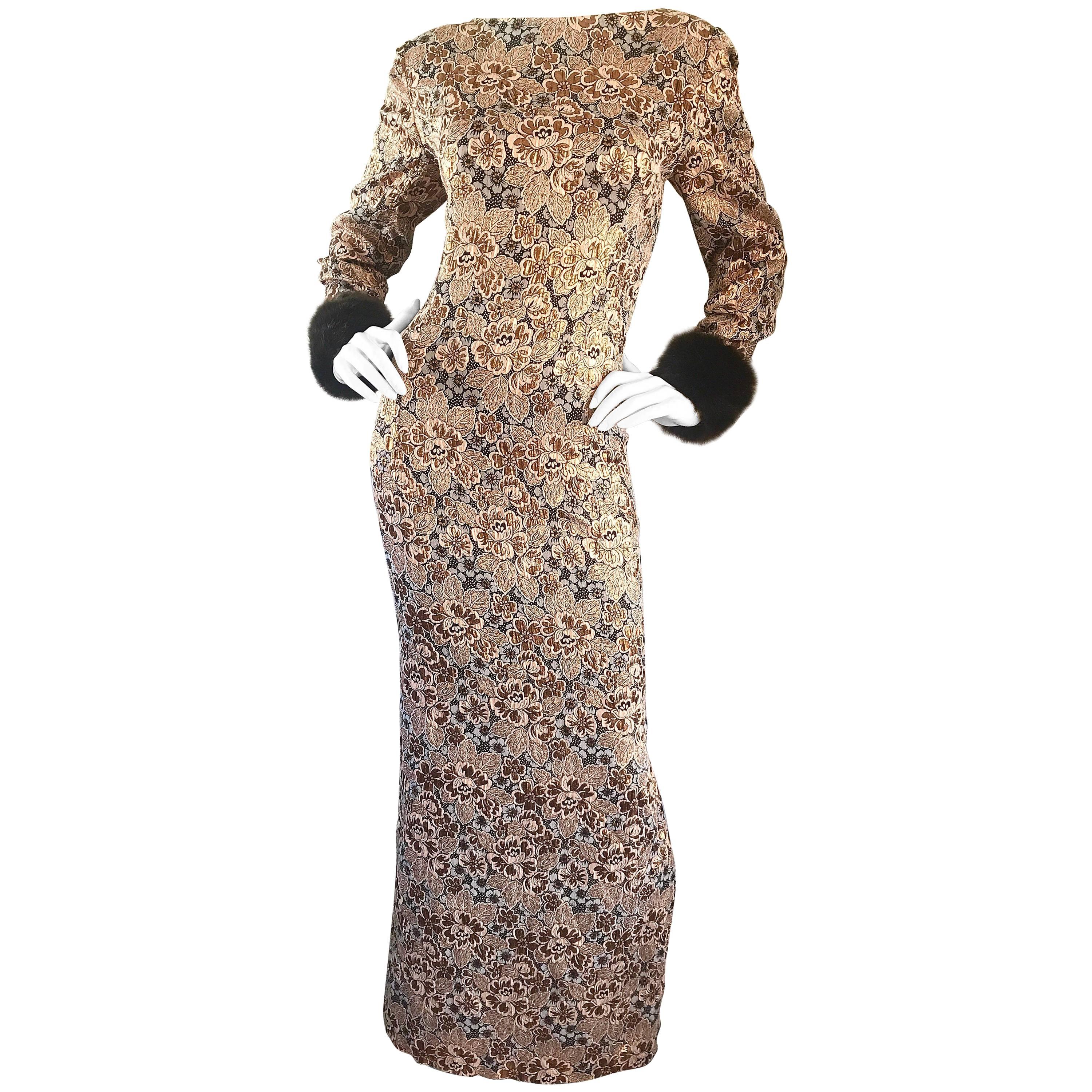 Bill Blass Demi Couture Gold Bronze Brown Faux Fur Vintage Gown, 1960s 