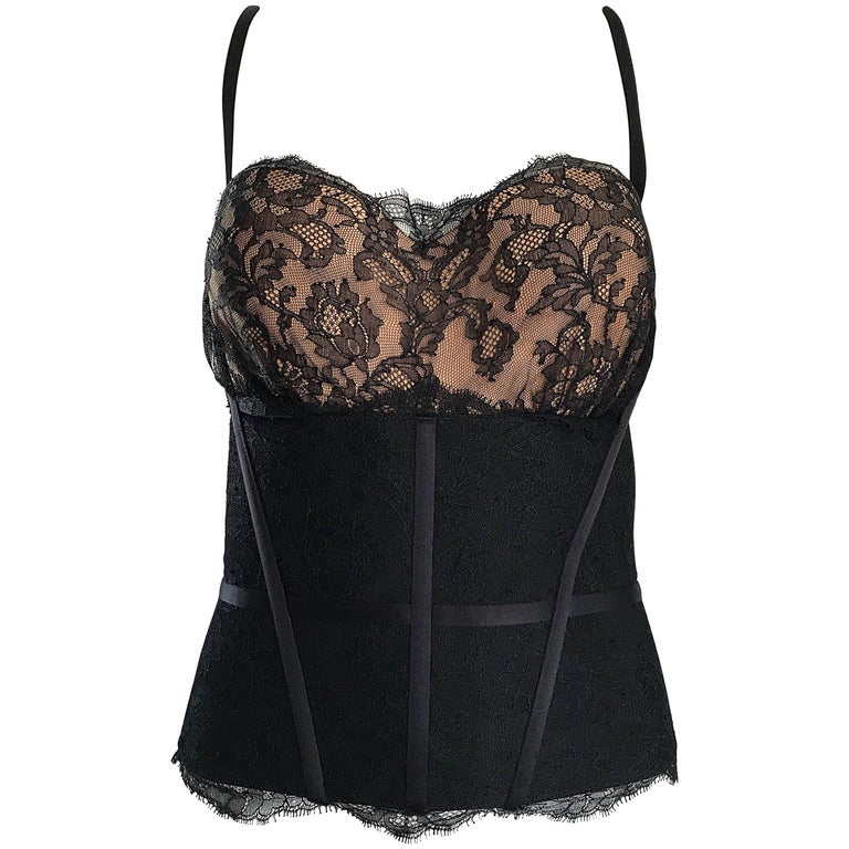 New 1990s La Perla Black and Nude Lace Sexy Vintage 90s Bustier Corset Top