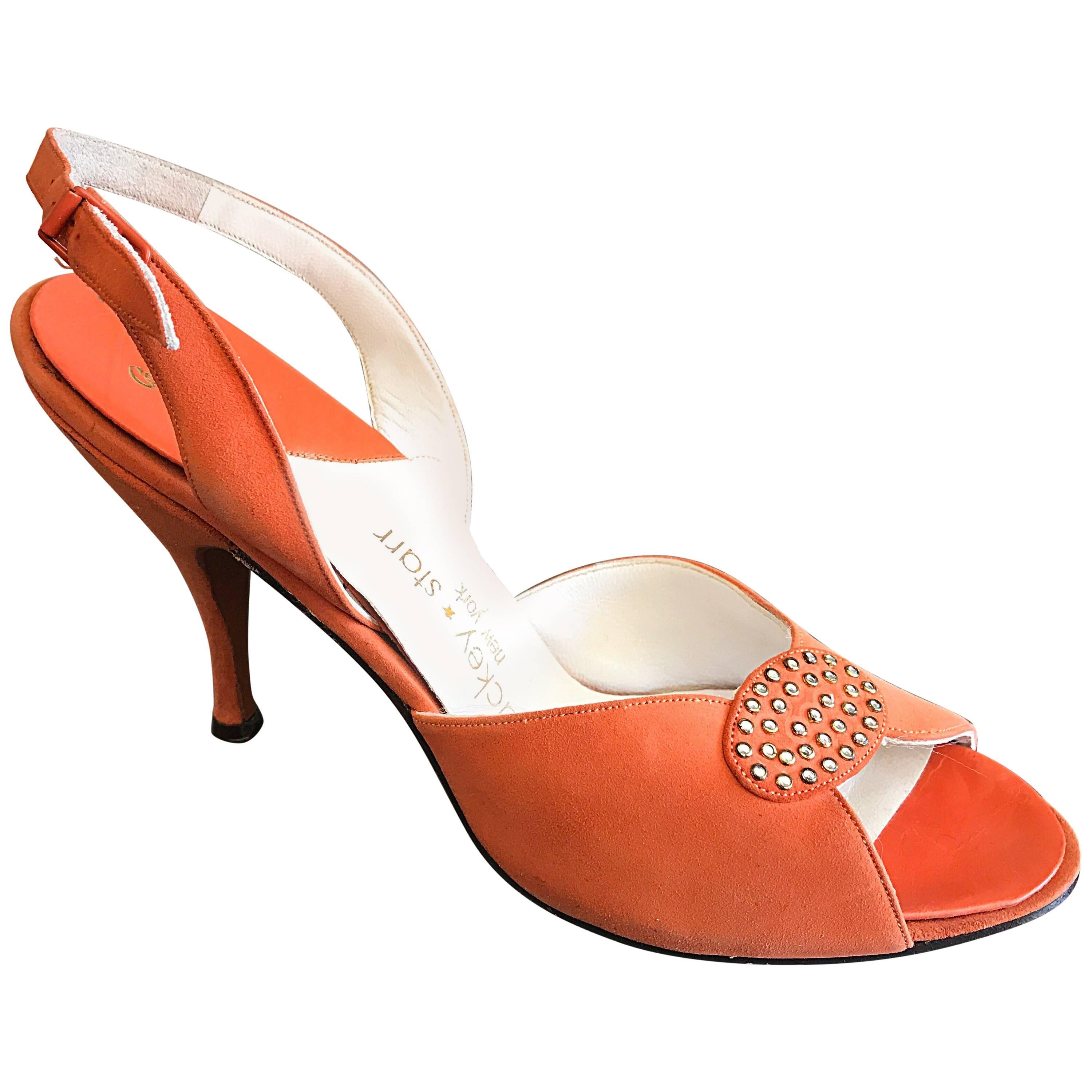New 1950s Mackey Starr Size 6N Sorbet Orange Leather Rhinestone Slingback Heels 