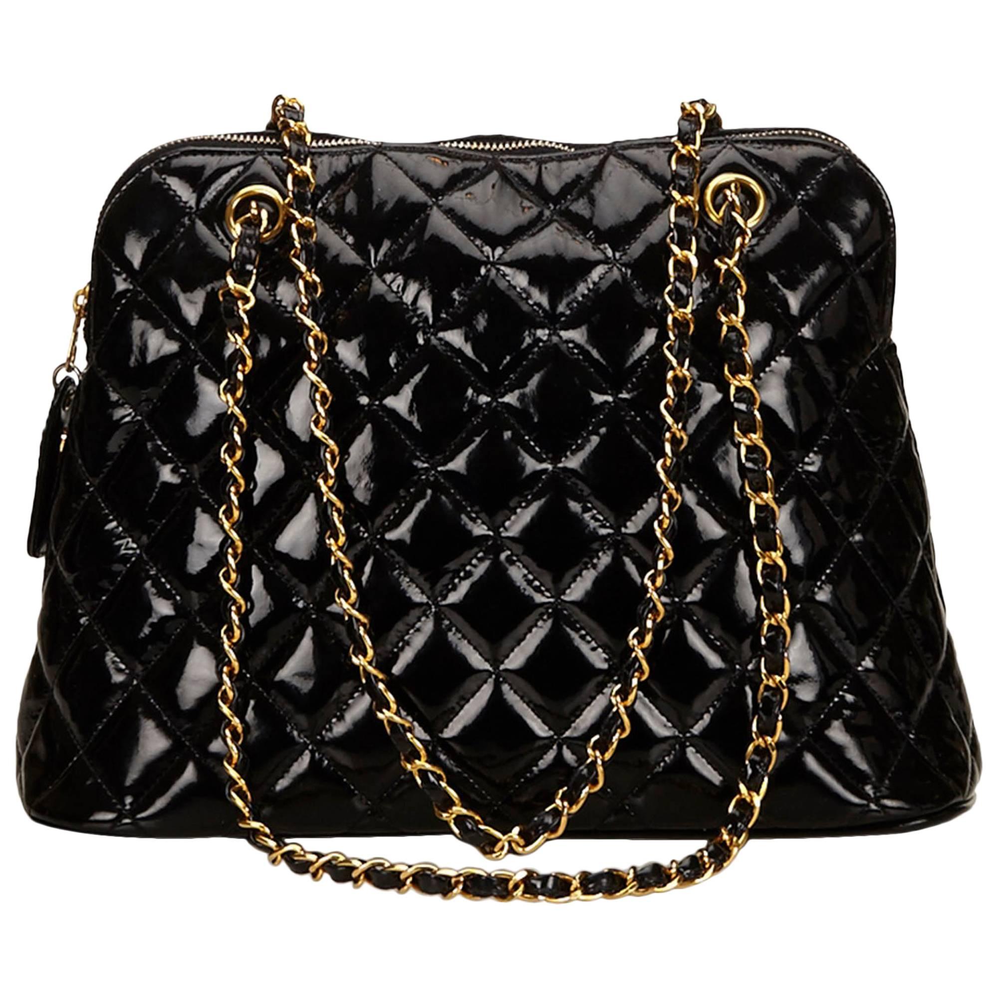 Chanel Matelasse Black Quilted Patent Leather Gold Chain Shoulder Bag