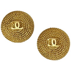 Chanel Round Gold Toned Chain "CC" Clip On Earrings 