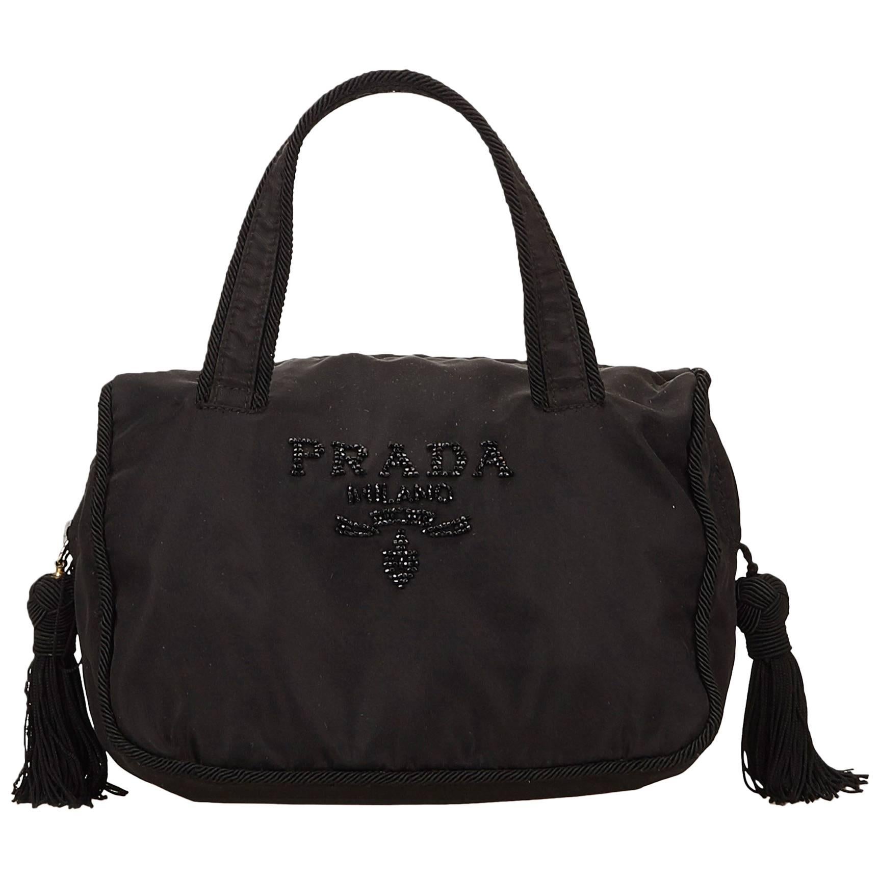 Prada Black Beaded Nylon Handbag with Tassels 