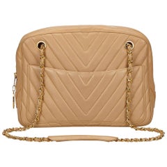 Vintage Chanel Beige Chevron Lambskin Leather Shoulder Bag