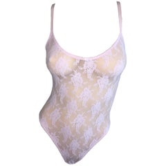1990's Christian Dior Baby Pink Sheer Mesh & Lace Bodysuit