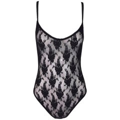 Vintage 1990's Christian Dior Black Floral Mesh & Lace Sheer Bodysuit