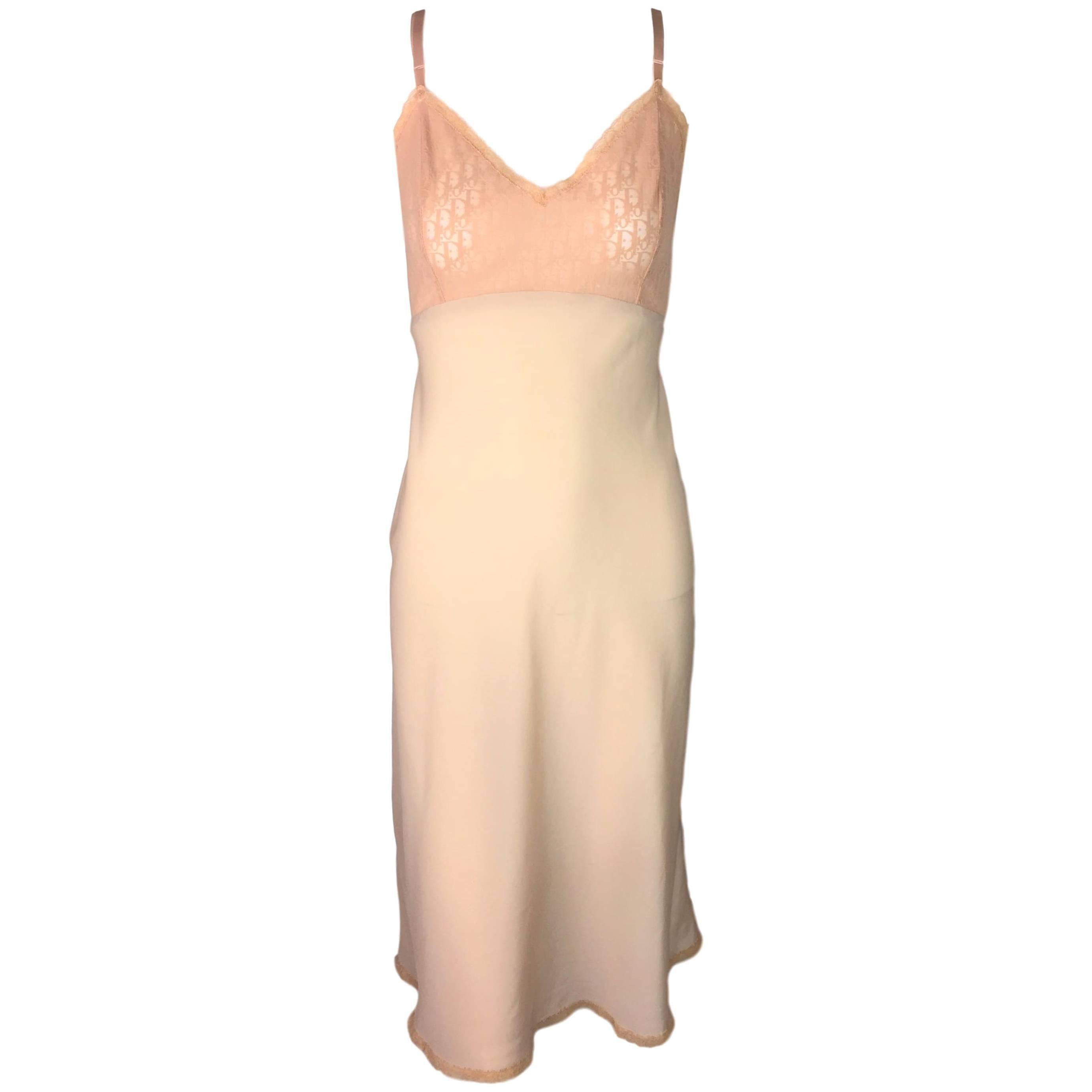 Christian Dior Nude Sheer Mesh Monogram Slip Dress, 1990s 