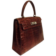 Mario Hernandez Cognac Crocodile Hand Made Structured Handbag With Strap