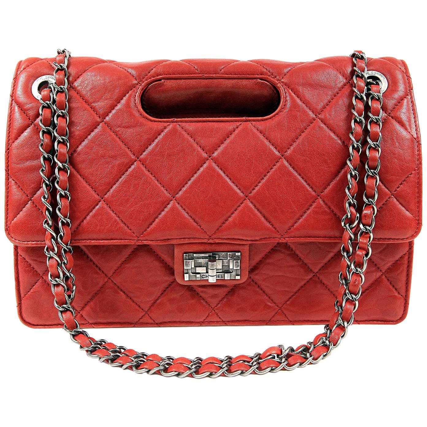 Chanel Red Lambskin Hand Held Flap Bag