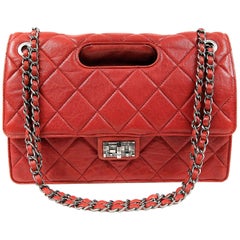 Chanel Red Lambskin Hand Held Flap Bag