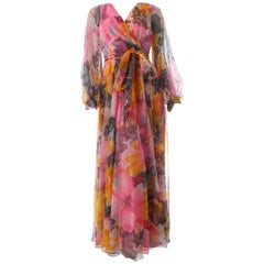 Jack Bryan by Dupuis Robe longue en mousseline florale avec ceinture nouée Sz 8 70s
