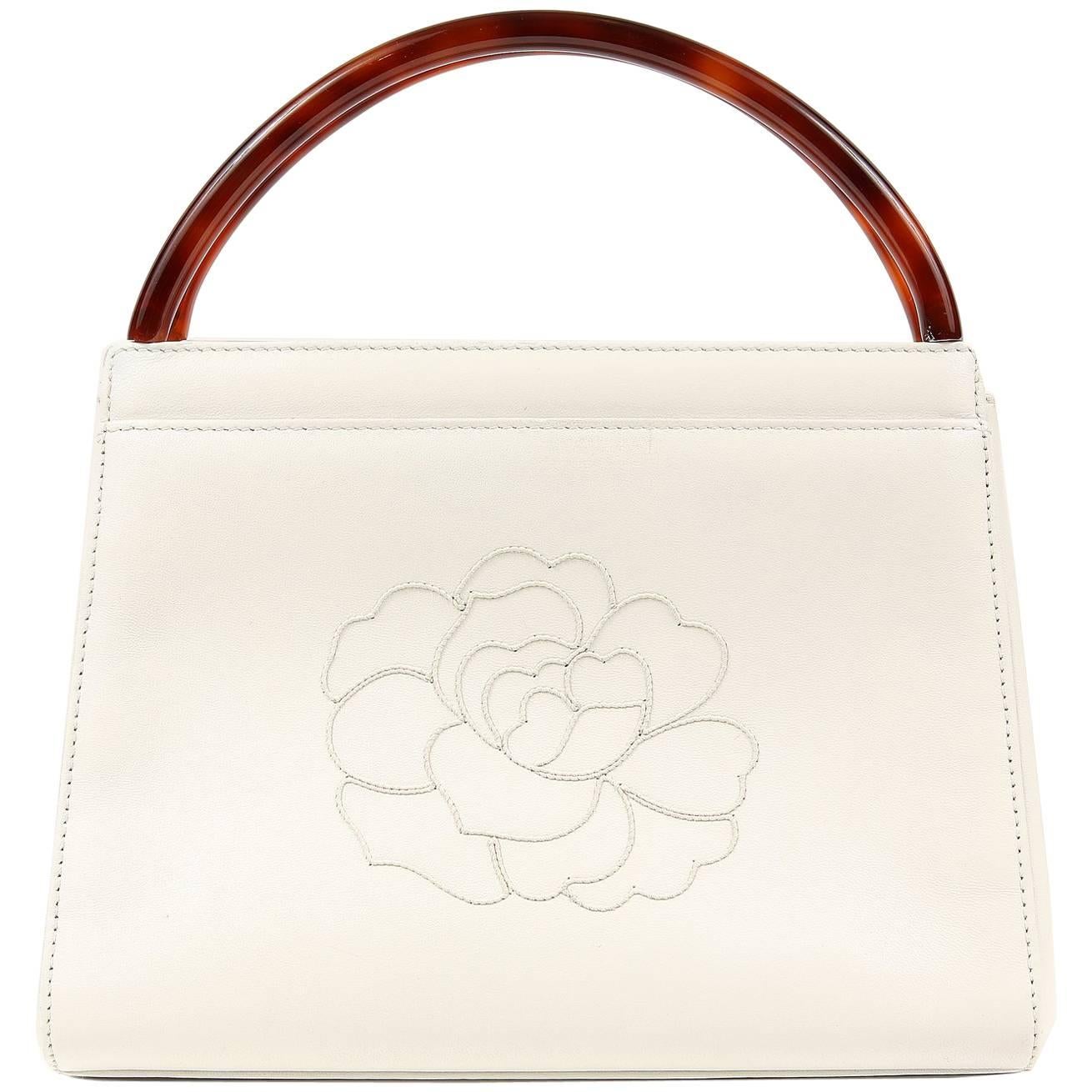 Chanel Vintage White Leather Camellia Day Bag with Bakelite Handles