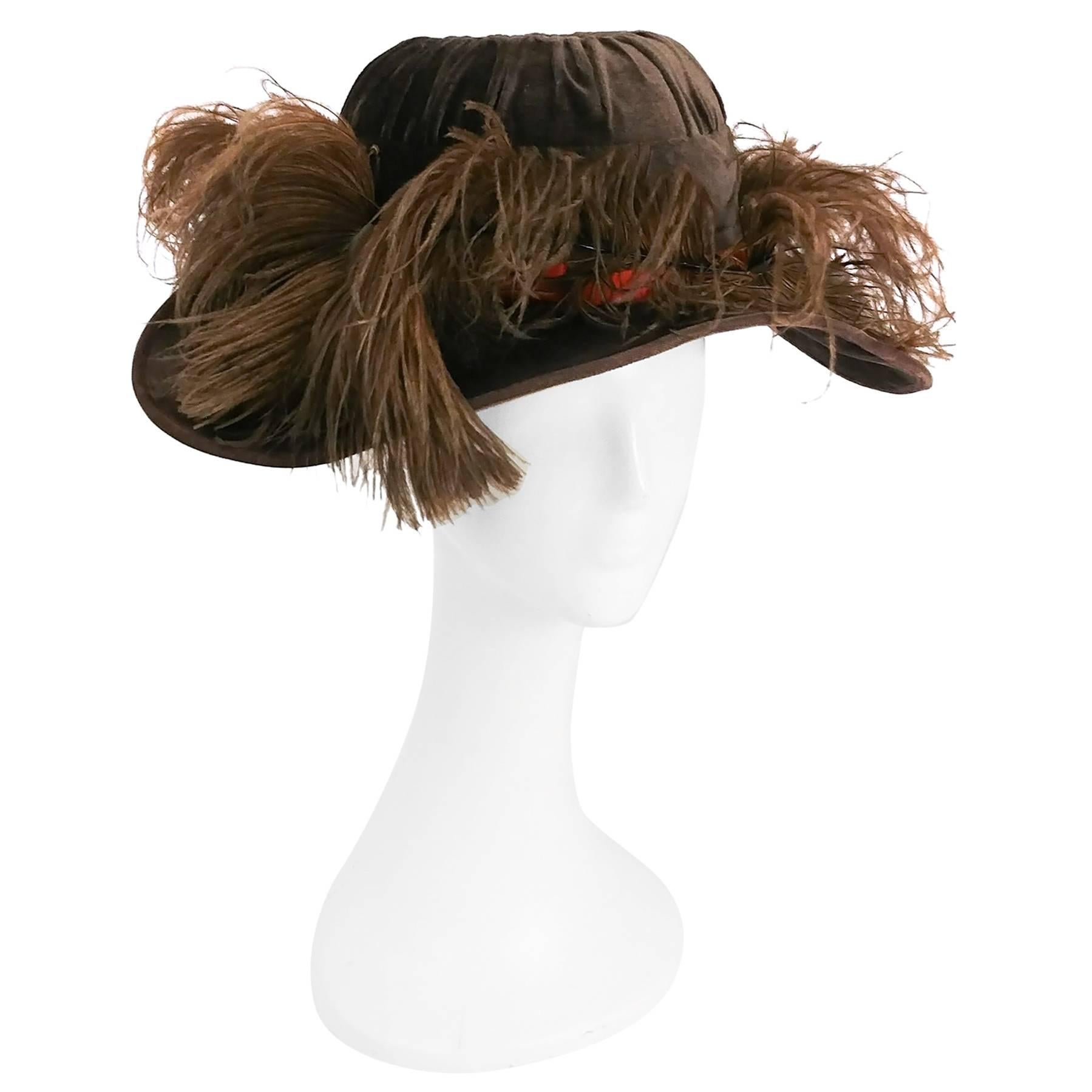 Edwardian Taupe Picture Hat w/ Feather Trim