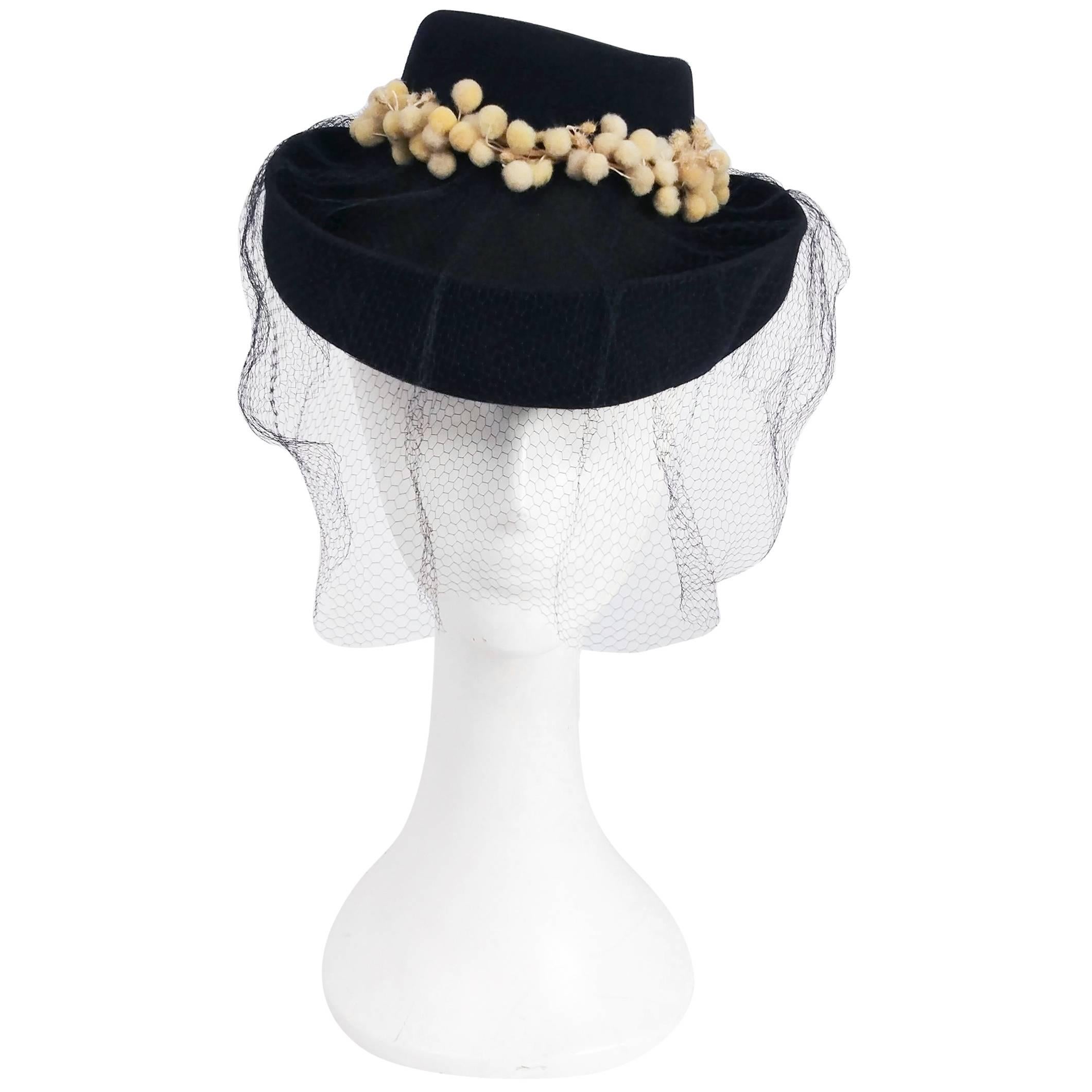 1940s Stetson Navy Veiled Hat w/ Yellow Contrast Embellishment
