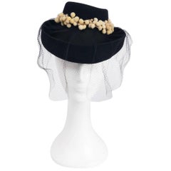 Vintage 1940s Stetson Navy Veiled Hat w/ Yellow Contrast Embellishment