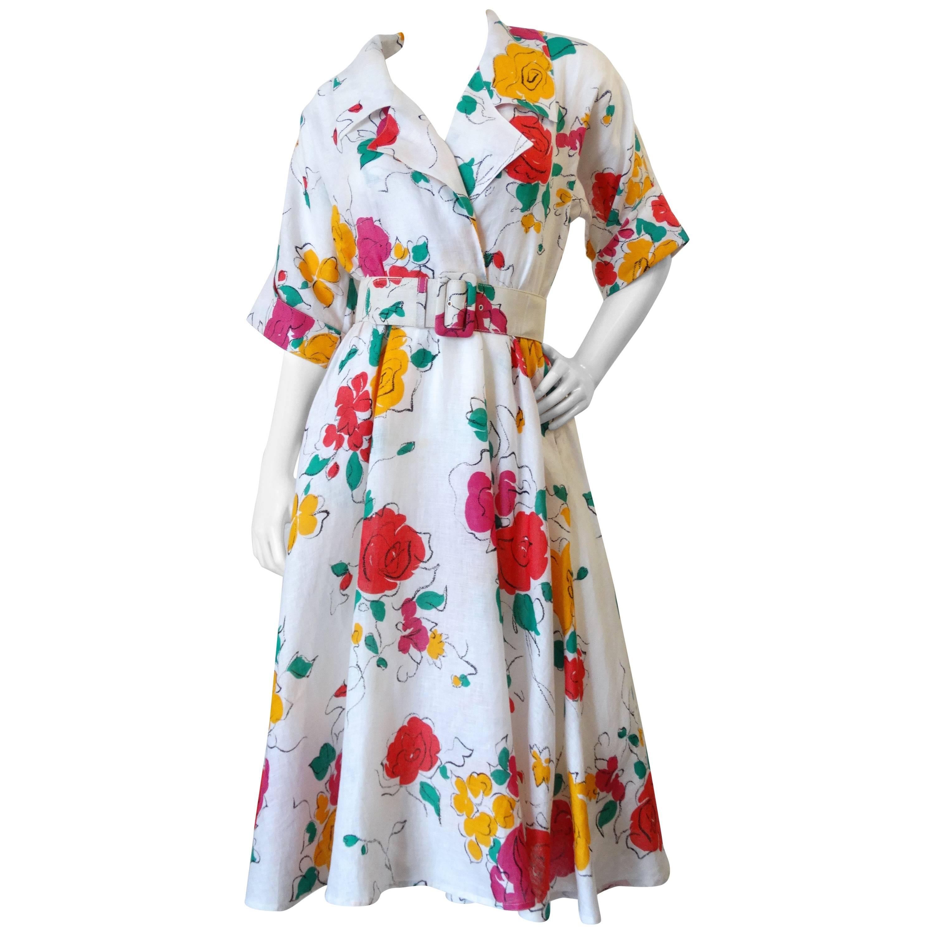 Beautiful 1980s Gucci Floral Linen Dress 