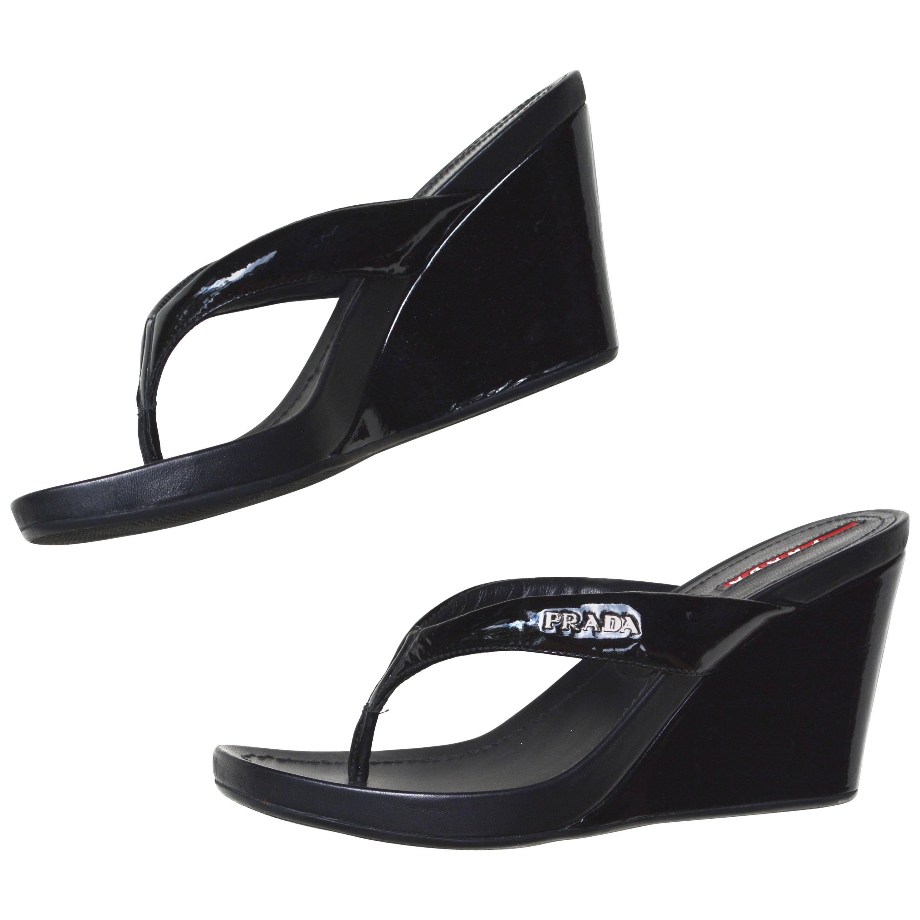 1990s Prada Patent Leather Wedge Sandals 