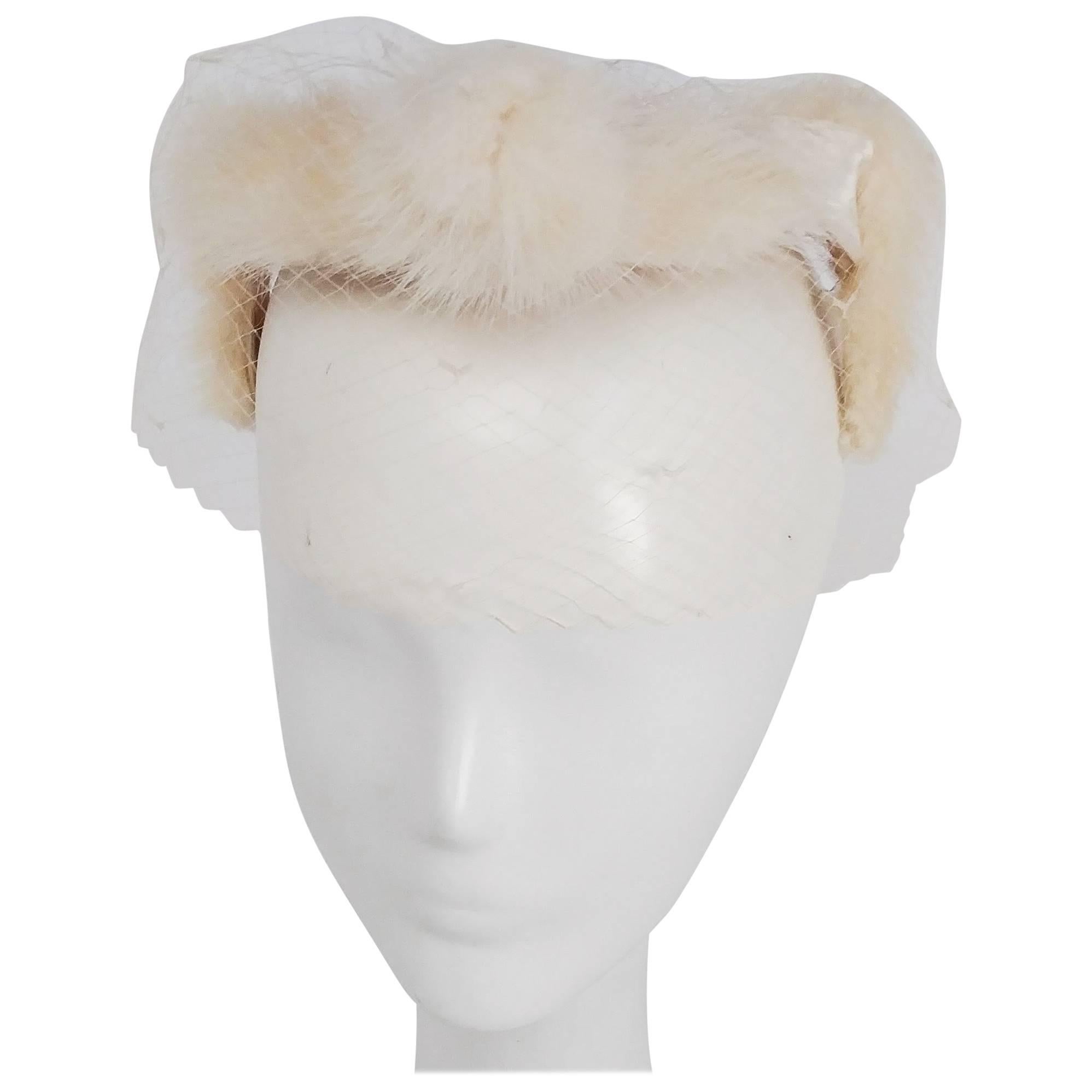 1950s White Mink Trimmed Hat w/ Veil