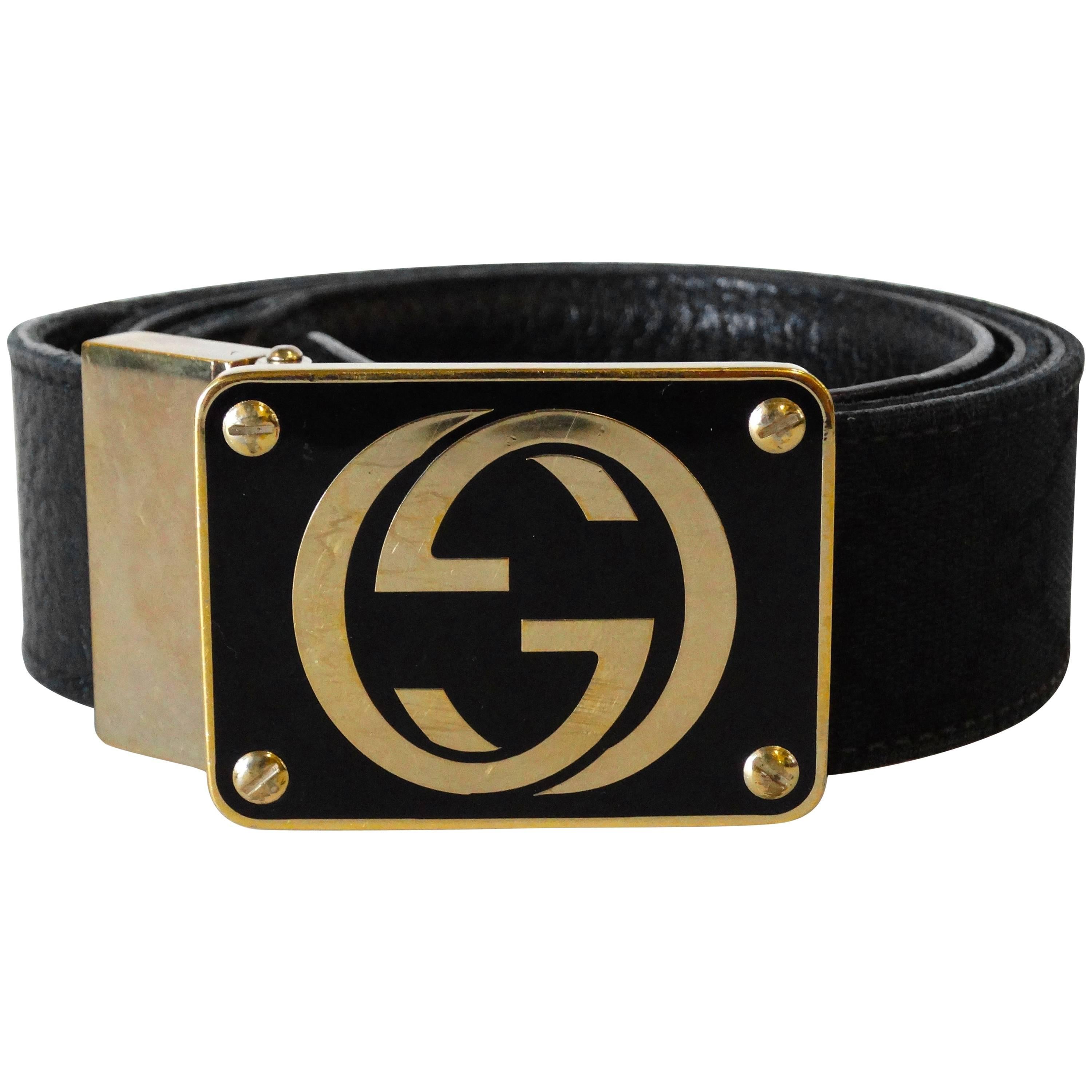 1990s Gucci Enamled Belt Buckle with Black Canvas Belt 