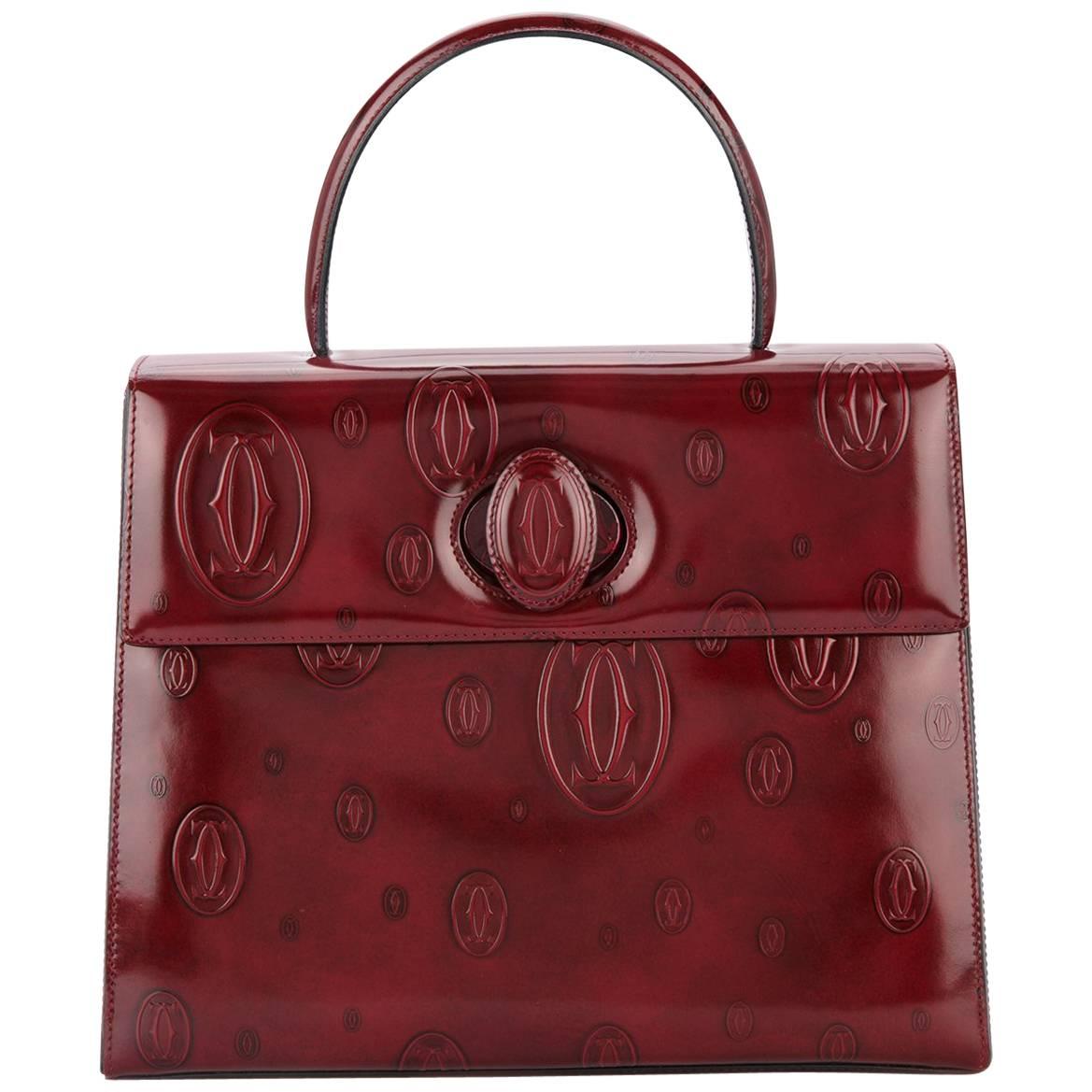 Cartier Burgundy Patent Leather Top Handle Satchel Kelly Style Evening Flap Bag