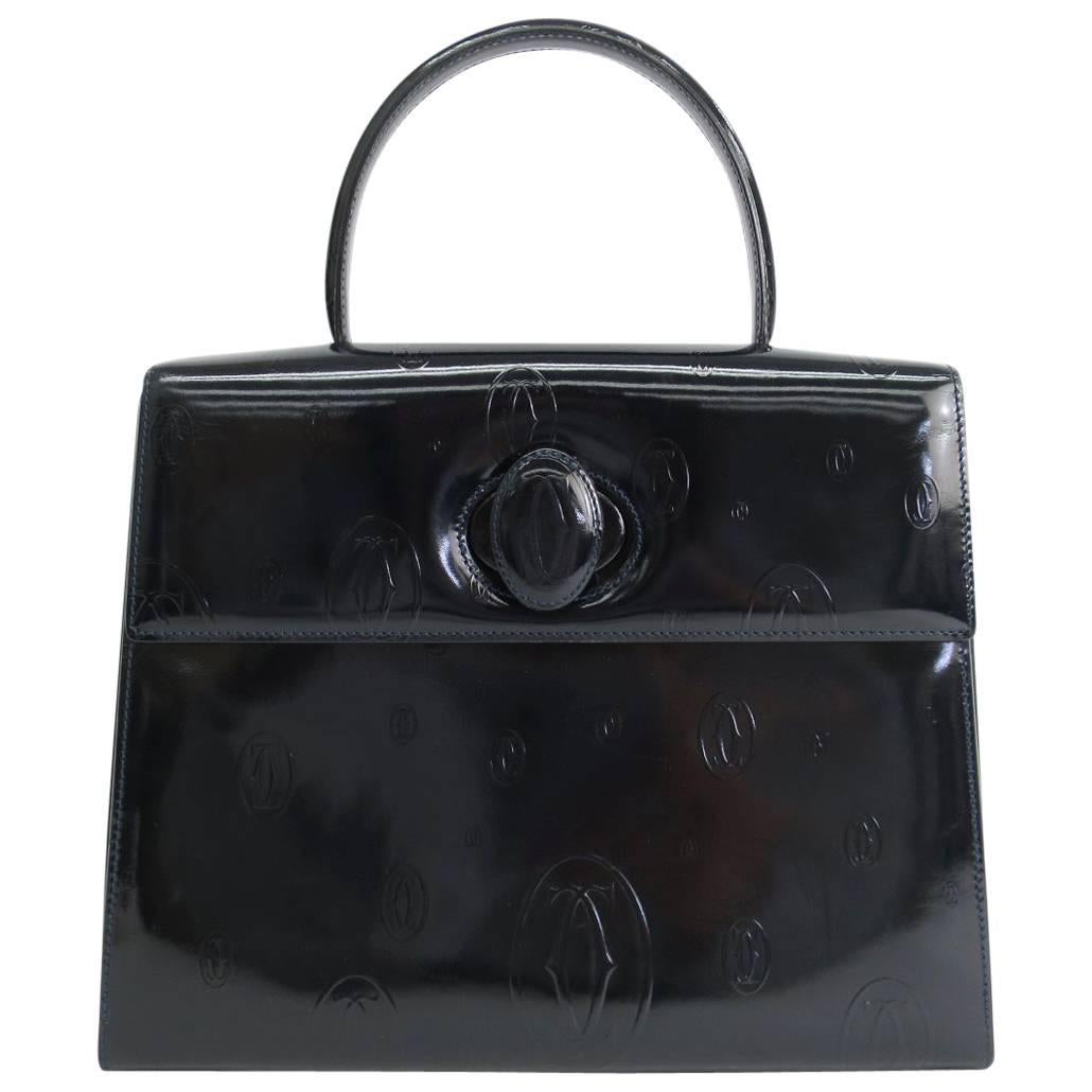 Cartier Navy Patent Leather Top Handle Satchel Evening Flap Bag
