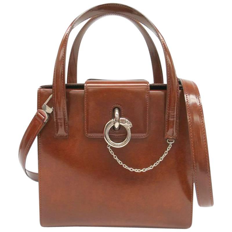 Cartier Cognac Patent Evening Silver Chain Top Handle Satchel Kelly Shoulder Bag