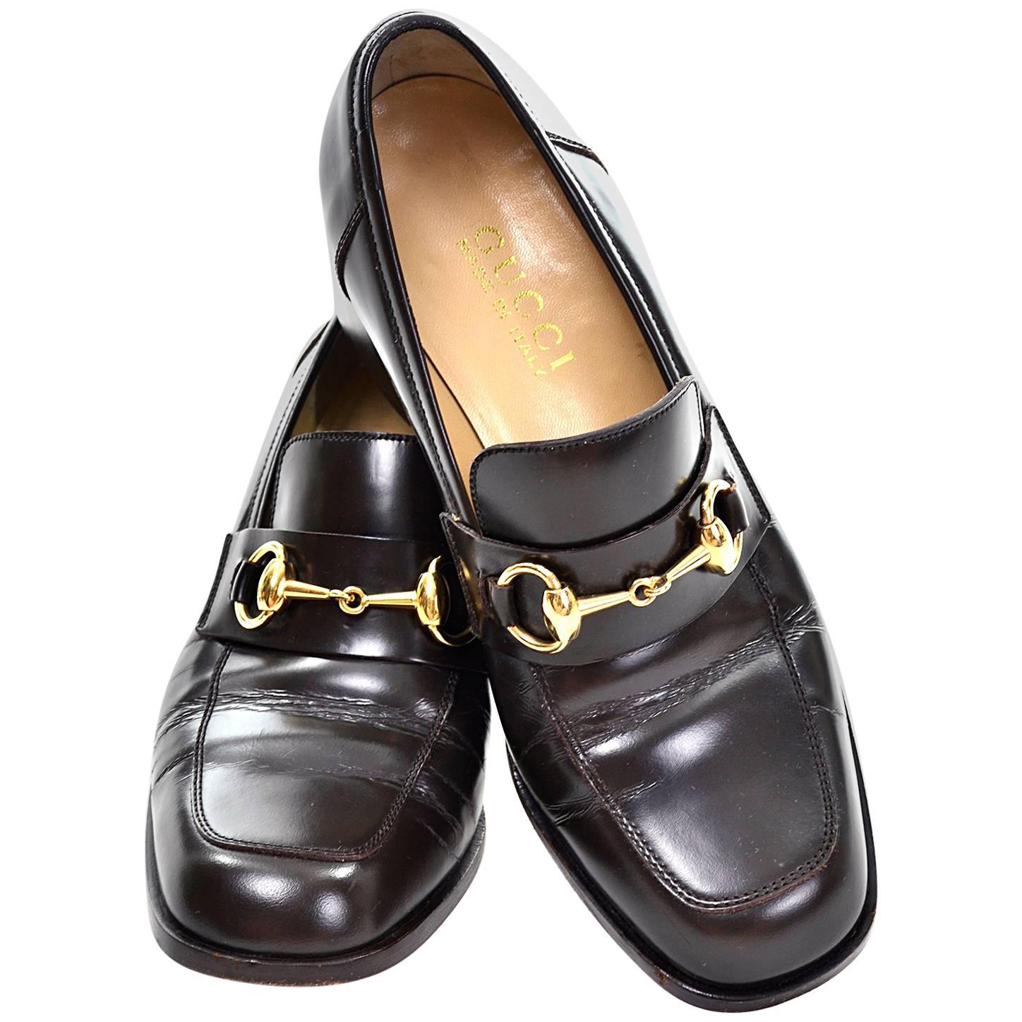 Gucci Vintage Shoes Brown Leather Loafers w/ Horsebit Buckles Size 7.5