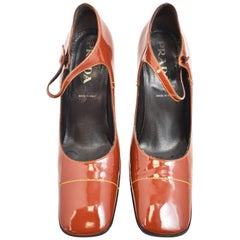  Prada Rust Brown Patent Leather Square Toe Mary Jane Shoes with Block Heel 