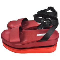 Prada Red Satin Platform Wooden Heel Sandals Japanese Geta Inspired S/S 13