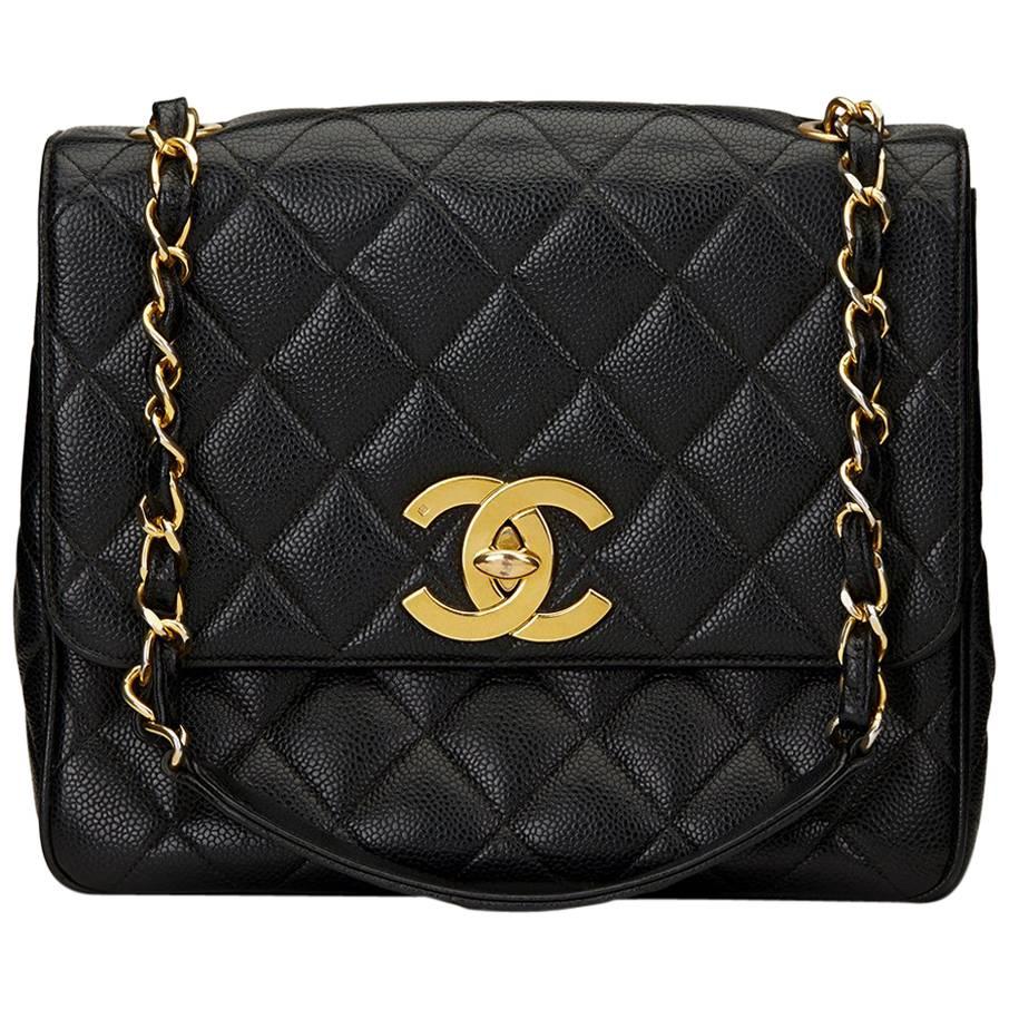 1990s Chanel Black Quilted Caviar Leather Vintage Classic Single Flap Bag