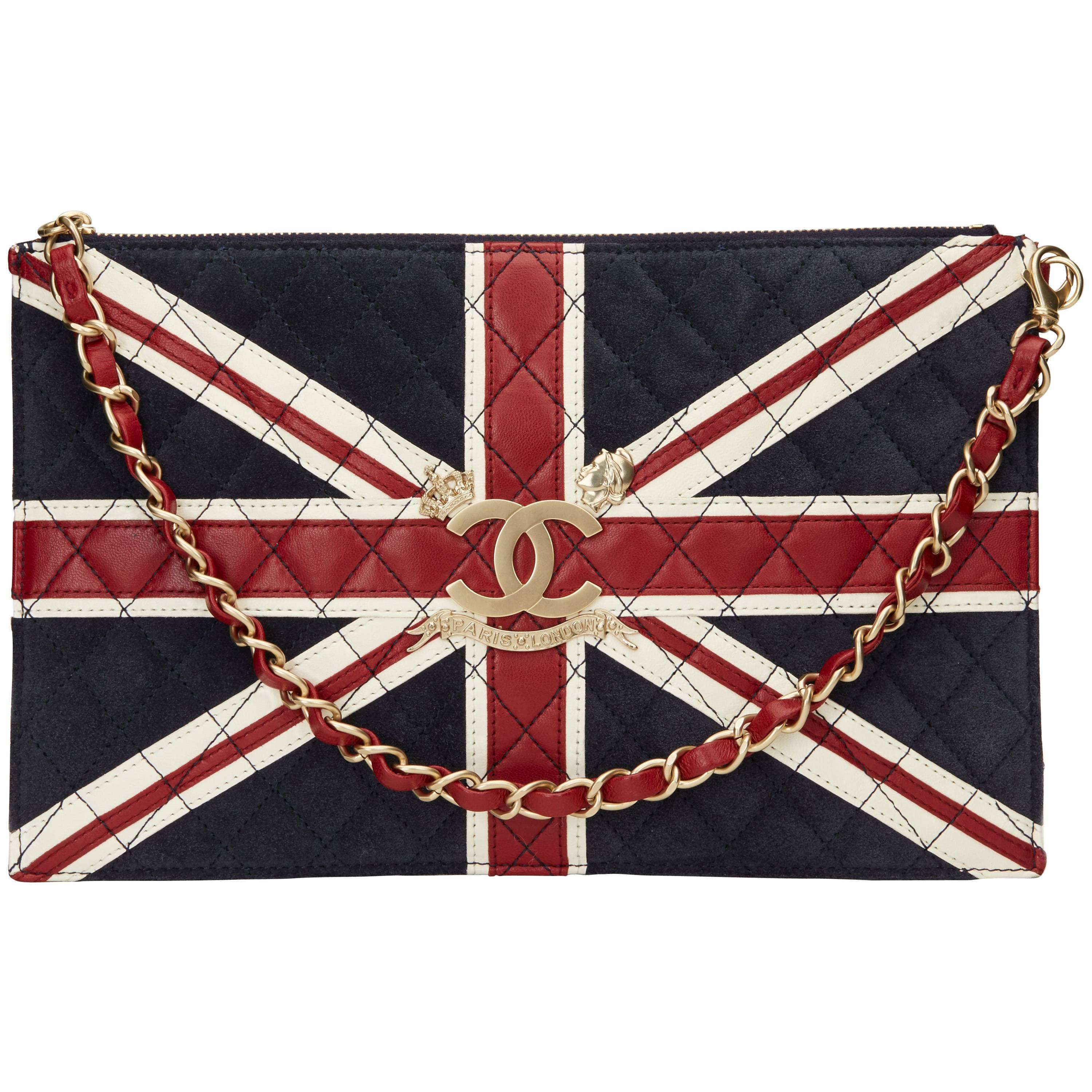 2000s Chanel Navy Suede, Red & White Lambskin Union Jack Pouch