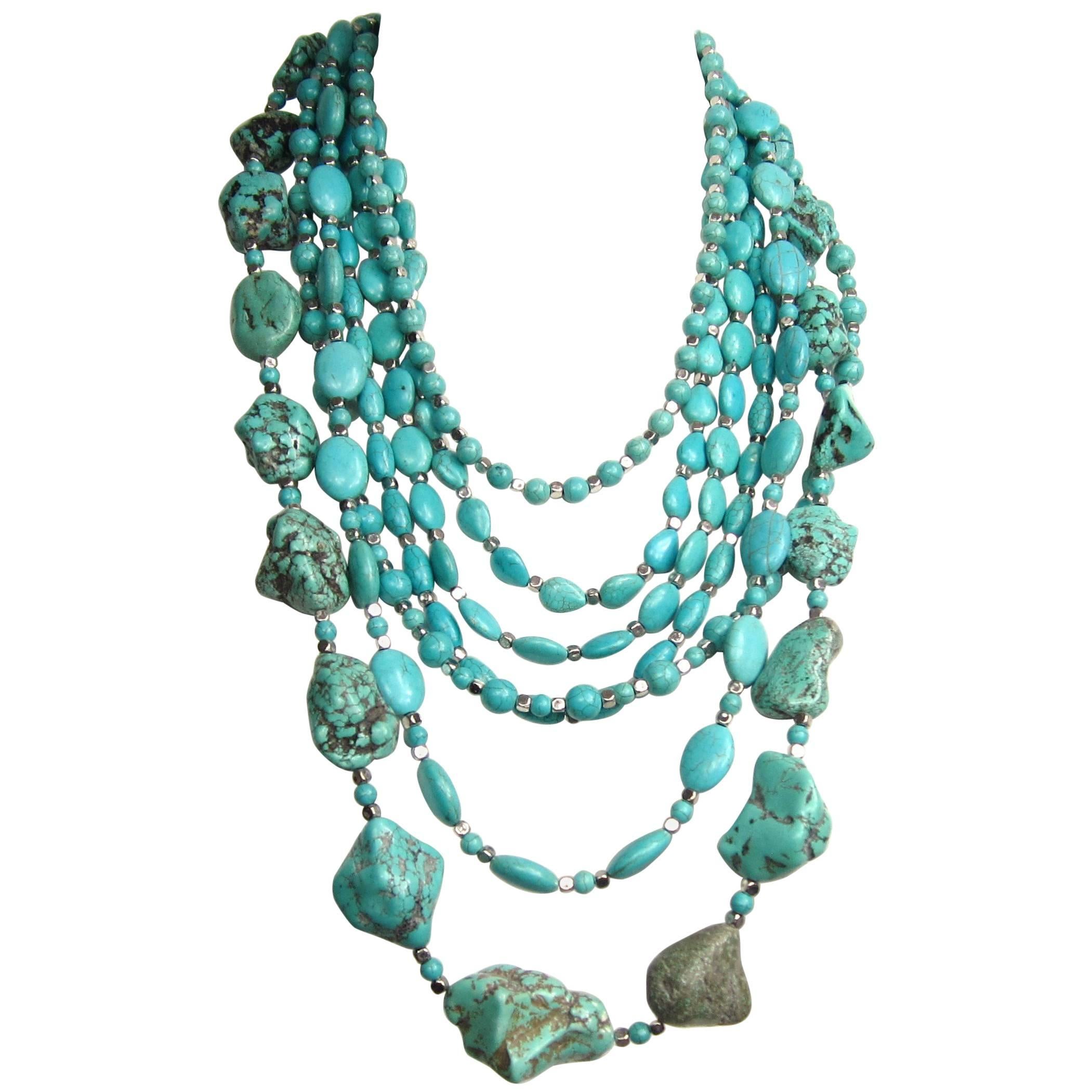 Massive Southwestern Turquoise Stone 7 Strand Bib Necklace 